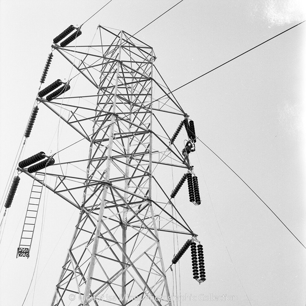 High voltage transmission towers erection, Mica Creek Power Station, September 1959