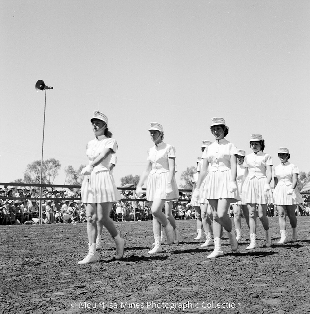 Mount Isa Rotary Rodeo marching girls, Spear Creek, September 1959
