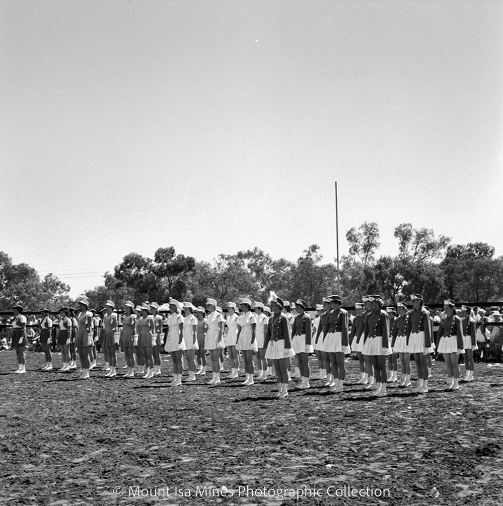 Mount Isa Rotary Rodeo marching girls, Spear Creek, September 1959