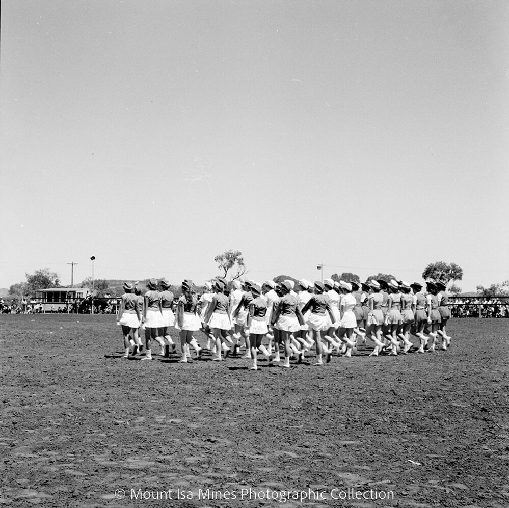 Mount Isa Rotary Rodeo marching girls, Spear Creek, September 1959