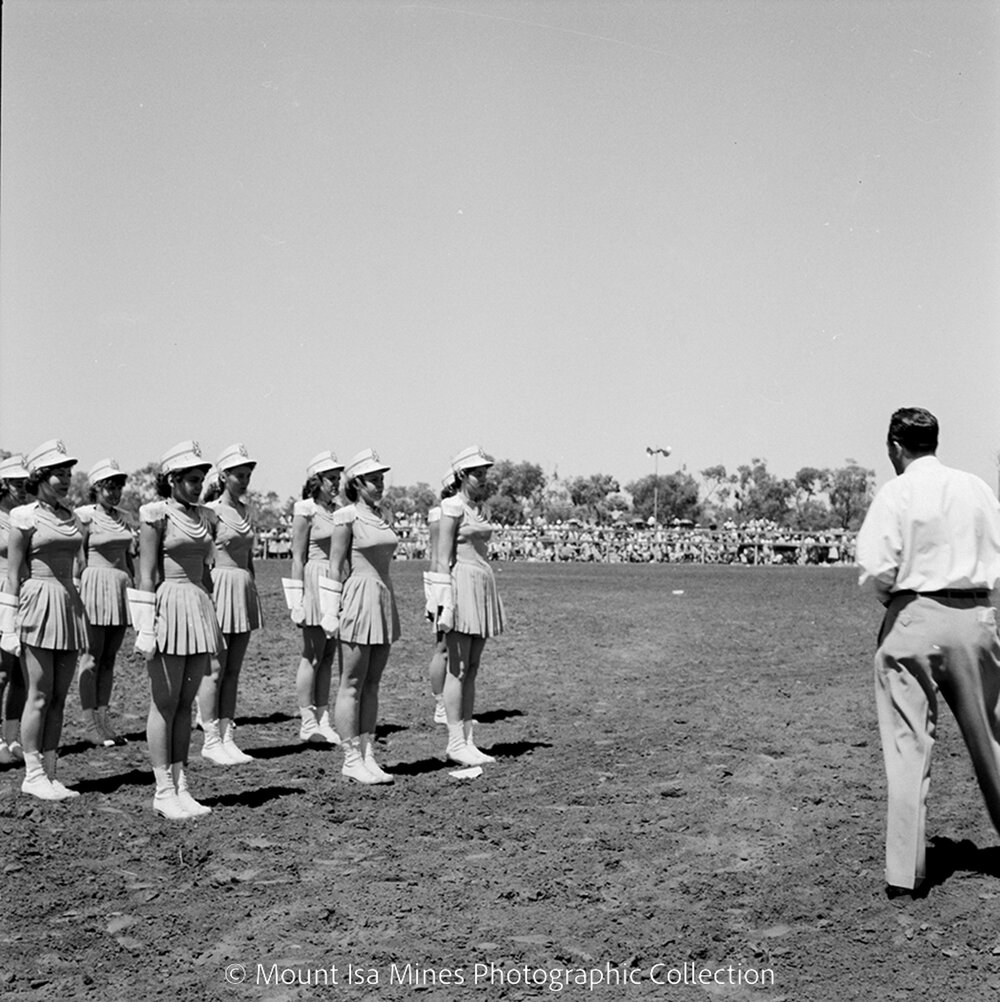 Mount Isa Rotary Rodeo marching girls, Spear Creek, September 1959