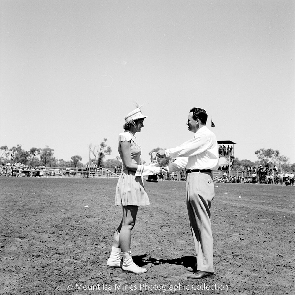 Mount Isa Rotary Rodeo marching girls, Spear Creek, September 1959