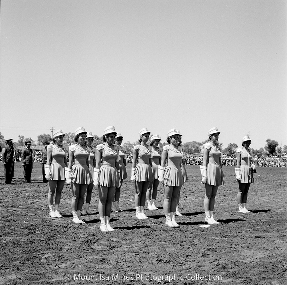 Mount Isa Rotary Rodeo marching girls, Spear Creek, September 1959