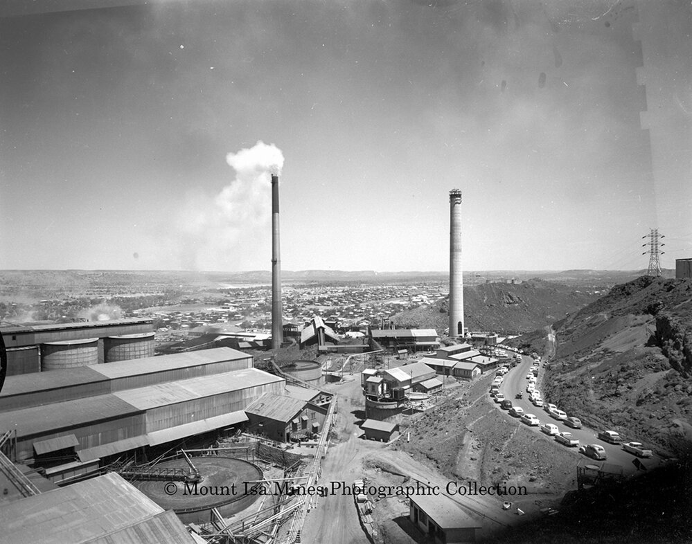 New and old Copper Smelter Stacks, Mount Isa Mines, October 1959