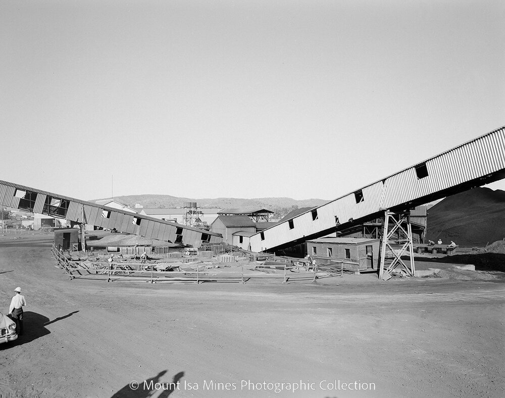 Coal conveyor under construction, Mount Isa Mines, June 1959