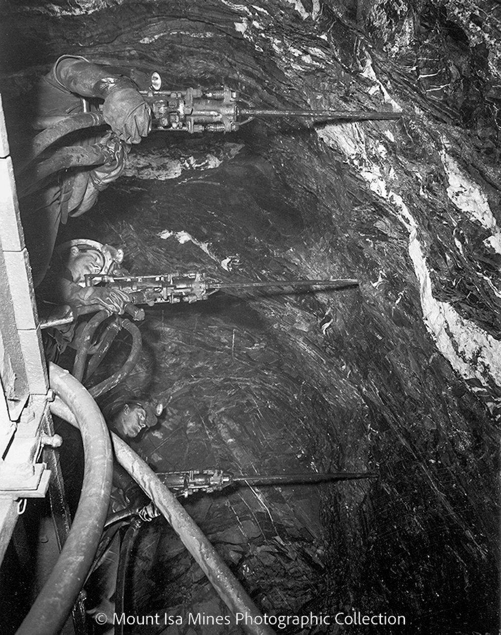 High level jumbo drilling at underground 7 Level, Mount Isa Mines, August 1959