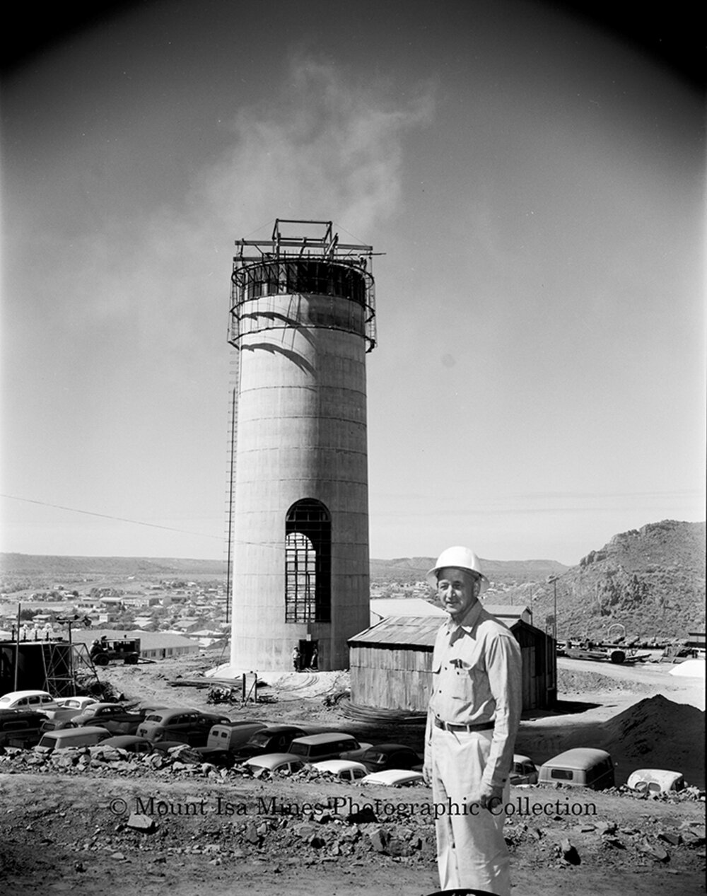 New Copper Stack under construction, Mount Isa Mines, September 1959