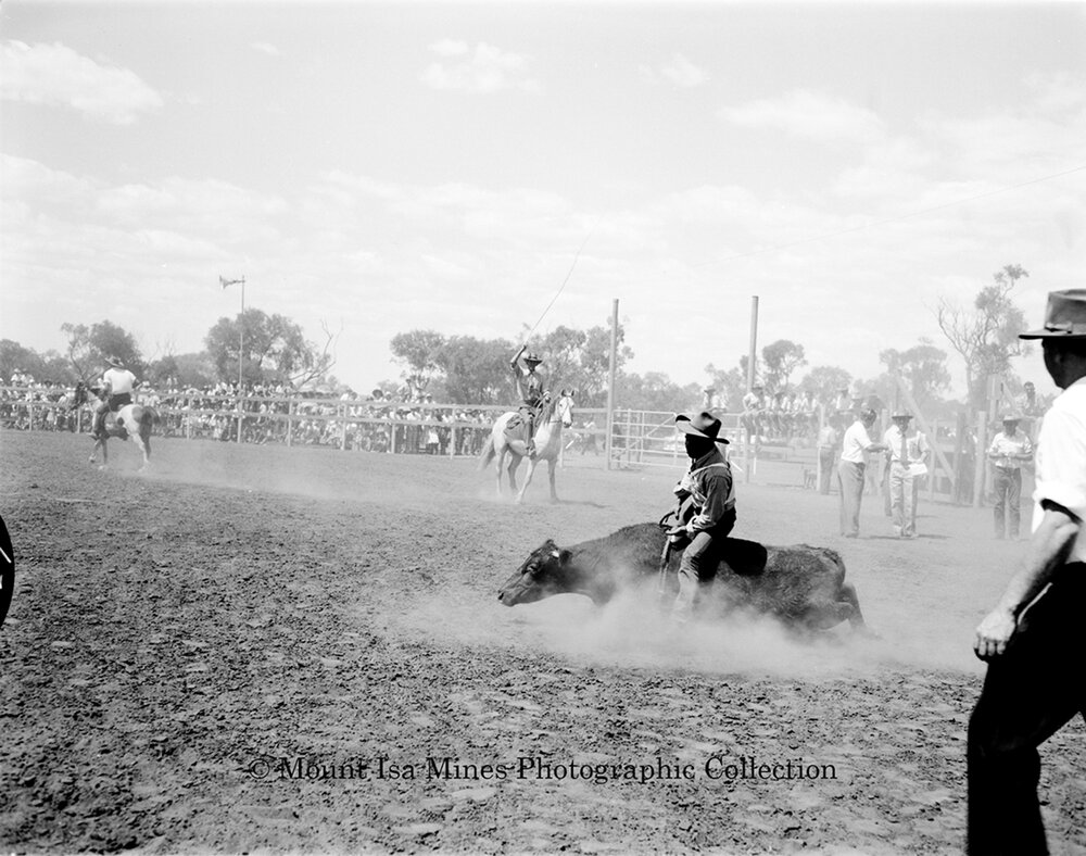Mount Isa Rotary Rodeo Rough Riding, Spear Creek, September 1959