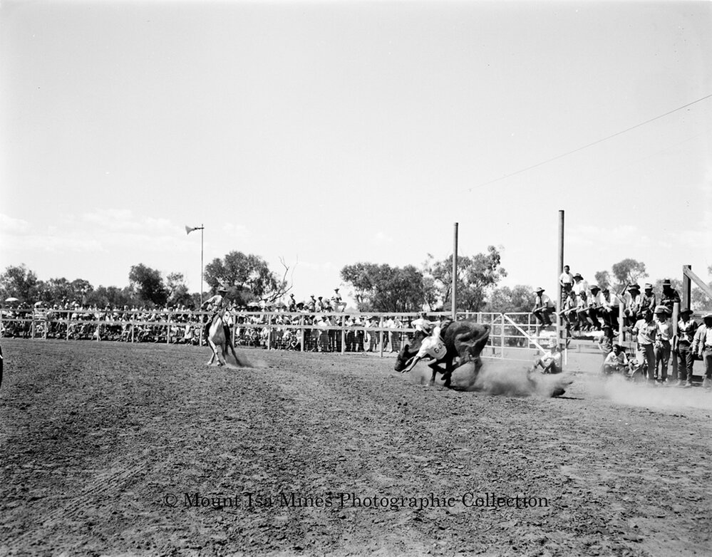 Mount Isa Rotary Rodeo Rough Riding, Spear Creek, September 1959