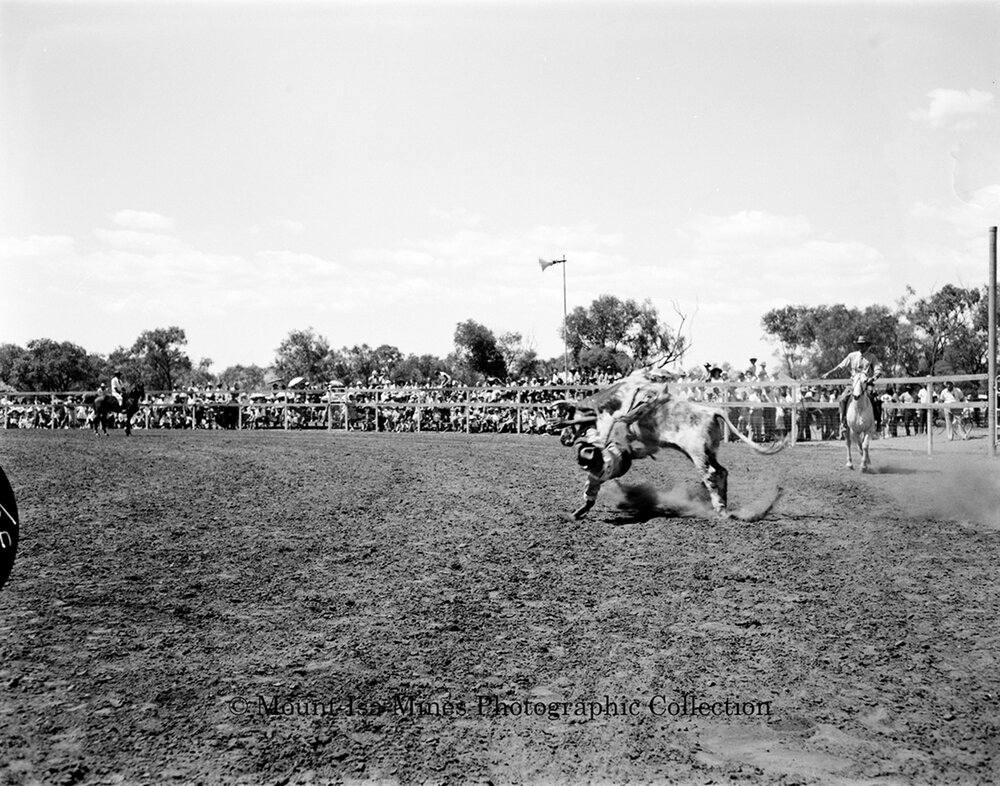Mount Isa Rotary Rodeo Rough Riding, Spear Creek, September 1959