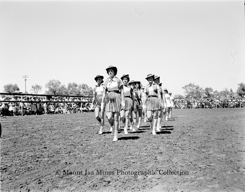 Mount Isa Rotary Rodeo marching girls, Spear Creek, September 1959