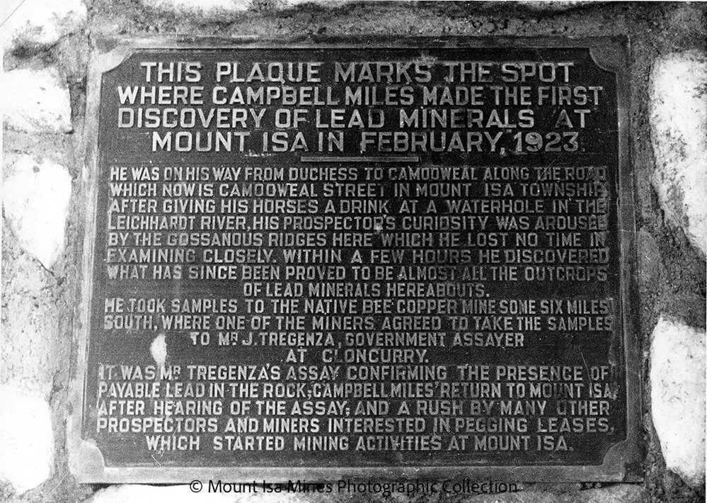 Commemorative plaque of where John Campbell Miles first discovered lead, Mount Isa Mines, c.1958