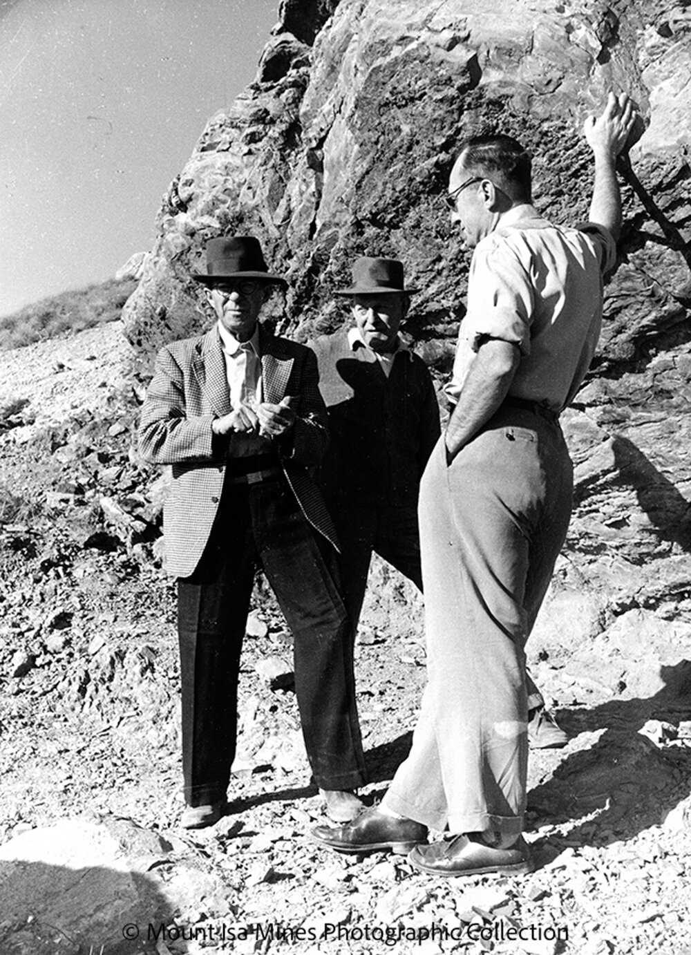 John Campbell Miles, Sydney Carter, and Joe Barwick at Discovery Area, Mount Isa Mines, c.1958