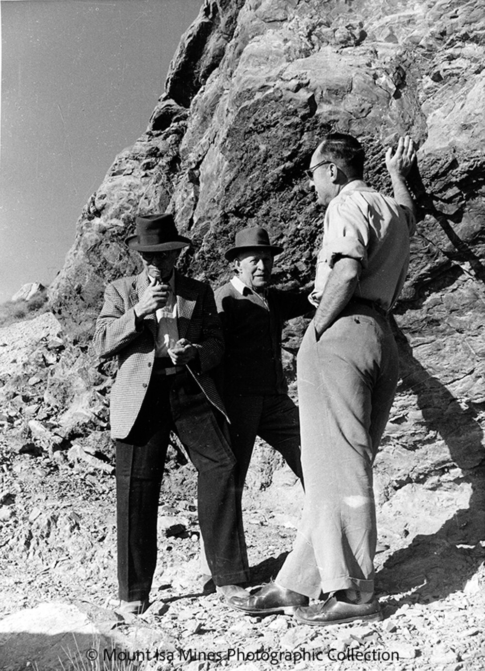 John Campbell Miles, Sydney Carter, and Joe Barwick at Discovery Area, Mount Isa Mines, c.1958