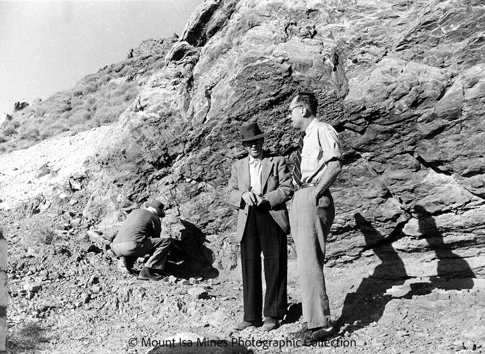 John Campbell Miles, Sydney Carter, and Joe Barwick at Discovery Area, Mount Isa Mines, c.1958