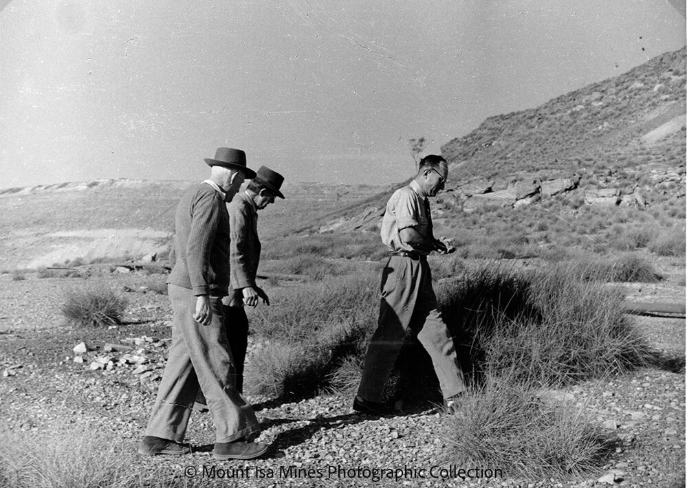 John Campbell Miles, Sydney Carter, and Joe Barwick at Discovery Area, Mount Isa Mines, c.1958