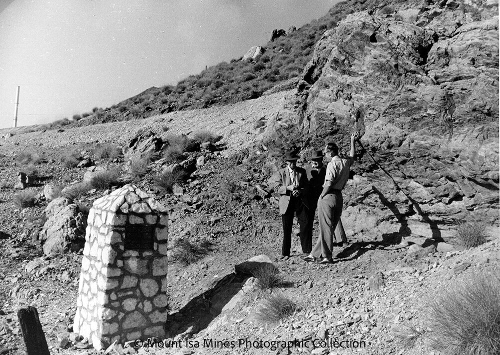 John Campbell Miles, Sydney Carter, and Joe Barwick at Discovery Area, Mount Isa Mines, c.1958