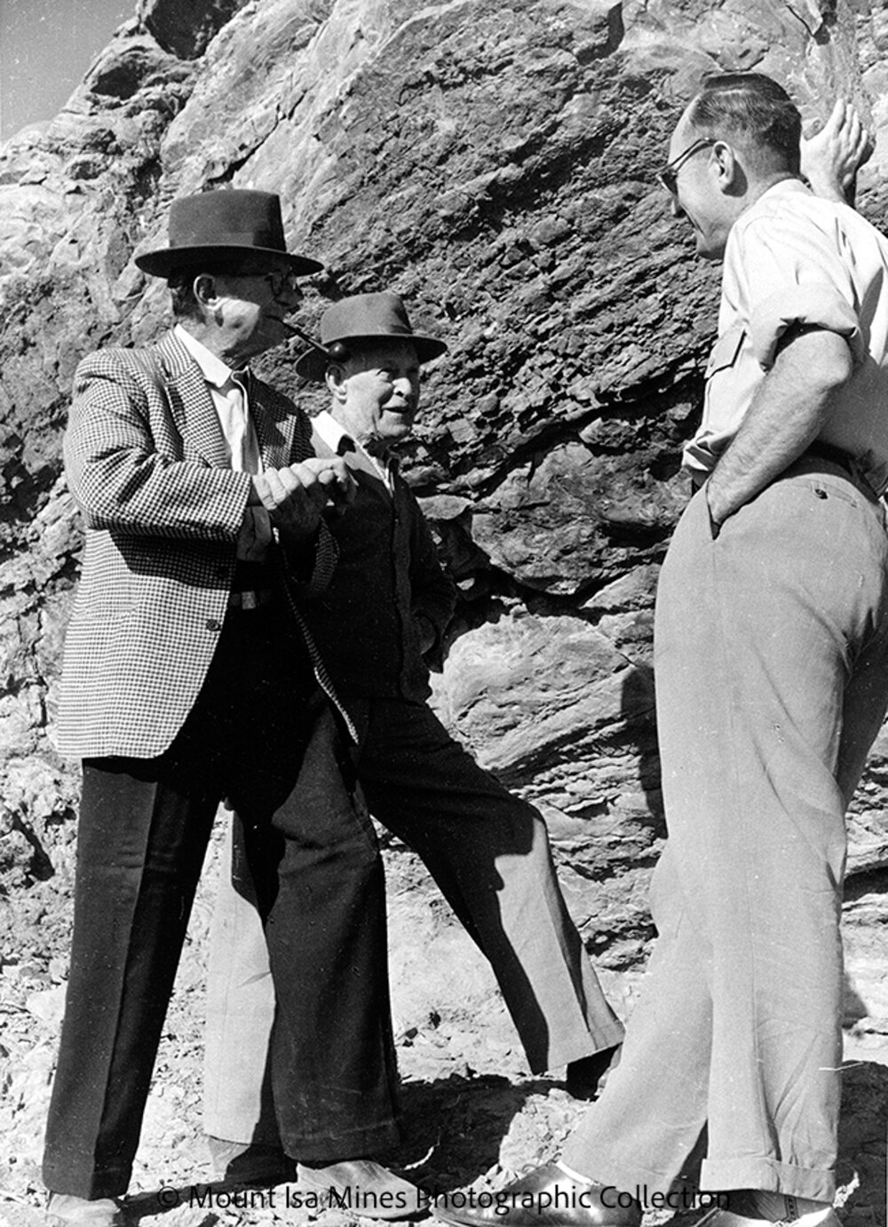 John Campbell Miles, Sydney Carter, and Joe Barwick at Discovery Area, Mount Isa Mines, c.1958