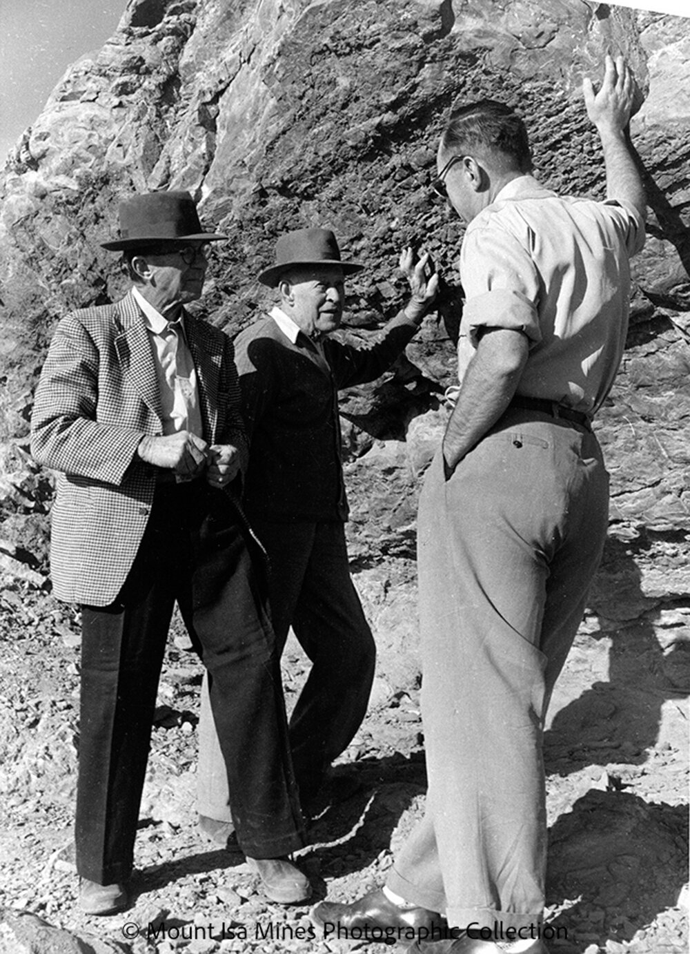 John Campbell Miles, Sydney Carter, and Joe Barwick at Discovery Area, Mount Isa Mines, c.1958