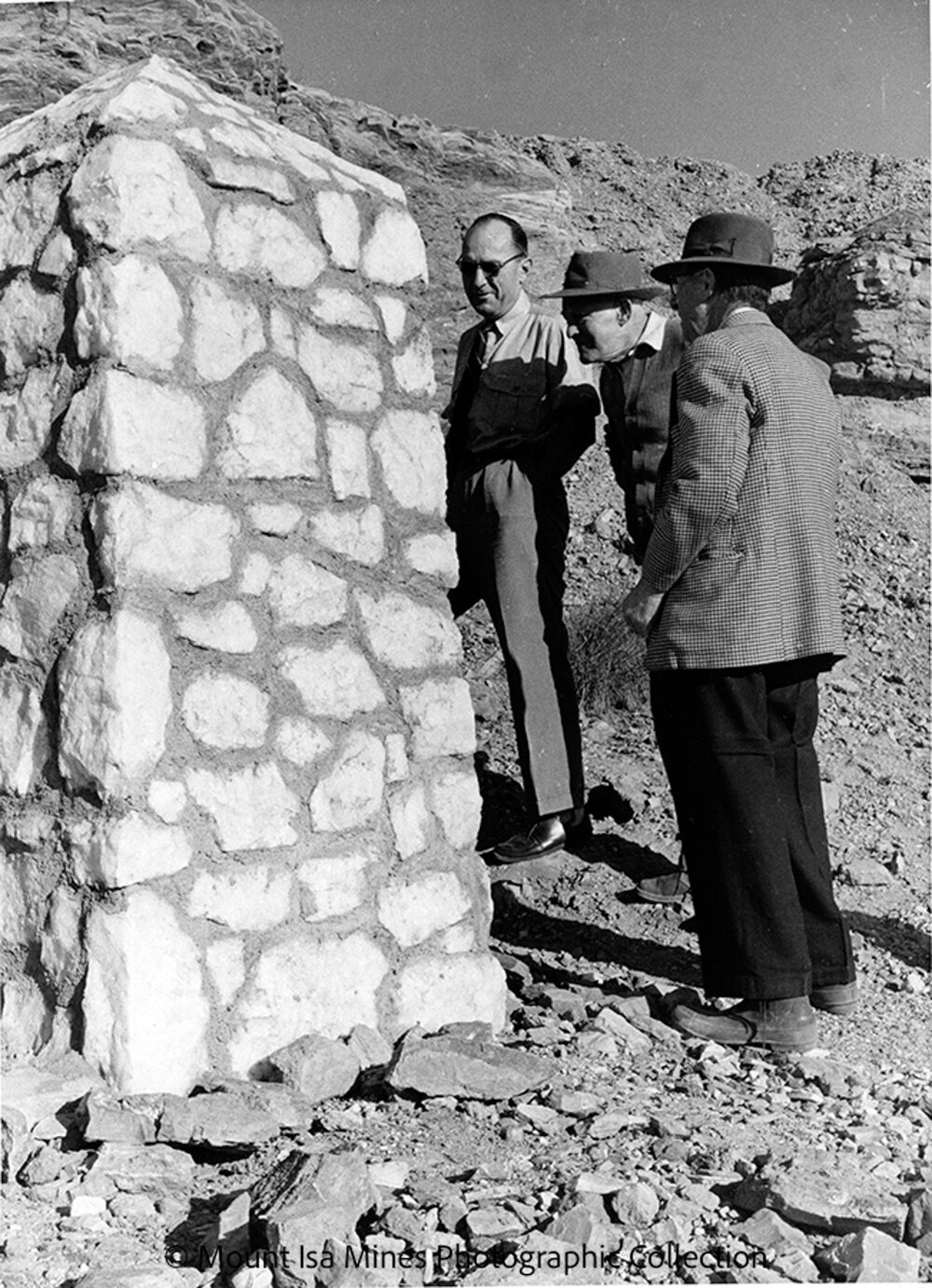 John Campbell Miles, Sydney Carter, and Joe Barwick at Discovery Area, Mount Isa Mines, c.1958