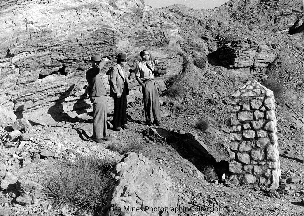 John Campbell Miles, Sydney Carter, and Joe Barwick at Discovery Area, Mount Isa Mines, c.1958