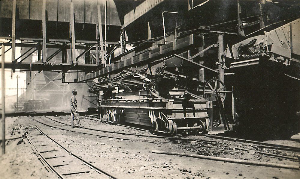 Charge car for furnaces loading at Sinter Plant Lead Smelter, c.1932