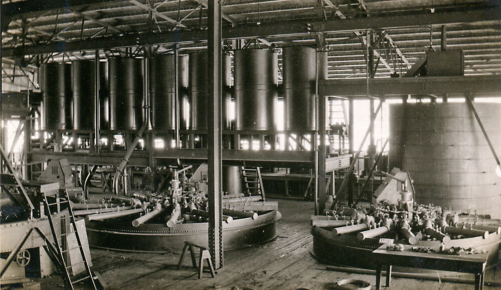 Genter thickeners and reagent bins in Mill, Mount Isa Mines, c.1931