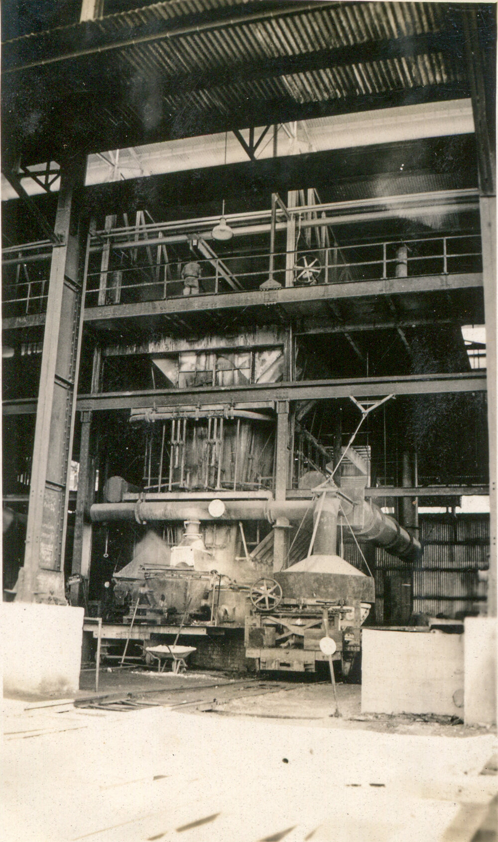 No 2 Furnace with slag car in position at Lead Smelter, Mount Isa Mines, c.1932