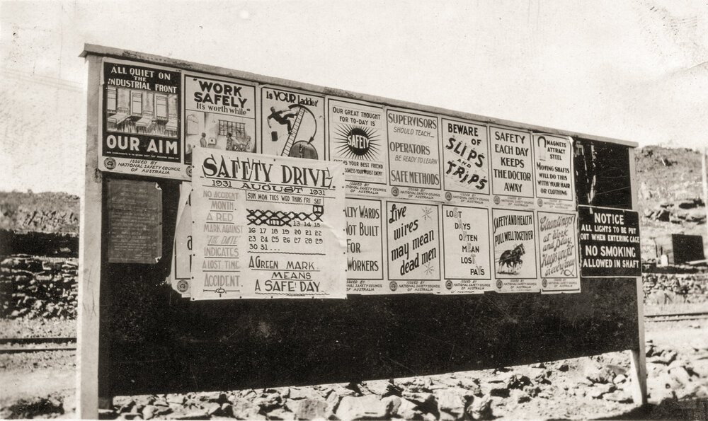 Safety signs at Mine Office, Mount Isa Mines, August 1931