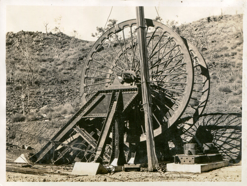No 2 Ore Shaft sheave wheel near completion, Mount Isa Mines, c.1937