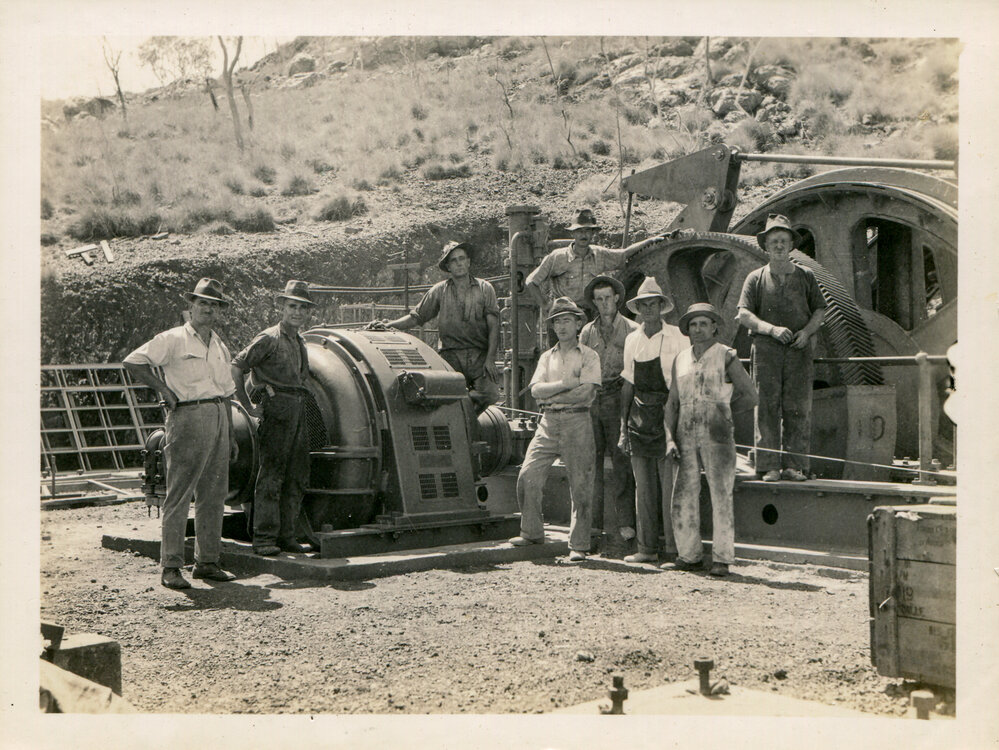 No 2 Ore Shaft winder construction workers, Mount Isa Mines, c.1938