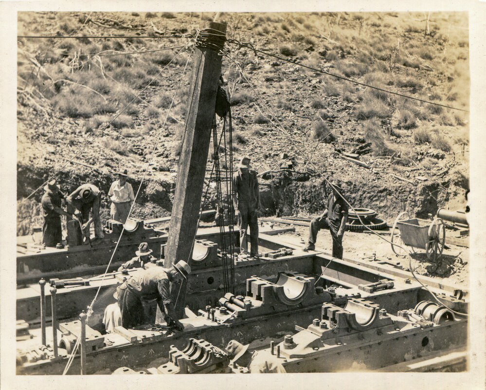 Setting bearing bed plates for No 2 Ore Shaft winder, Mount Isa Mines, c.1937