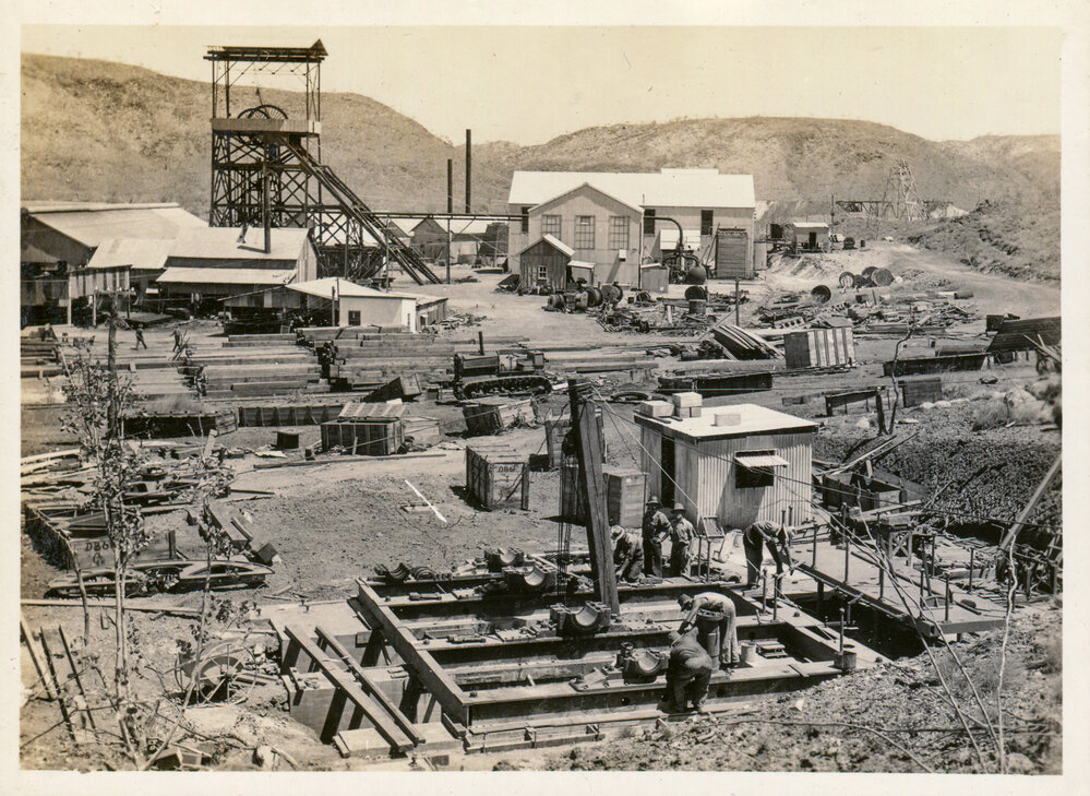 Setting bearing bed plates for No 2 Ore Shaft winder, Mount Isa Mines, c.1937
