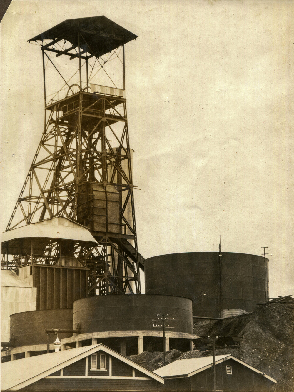 Urquhart Shaft Headframe and water tanks, Mount Isa Mines, c.1932