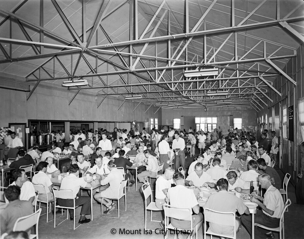 Mount Isa Mines BSD mess interior during meal, c.1956