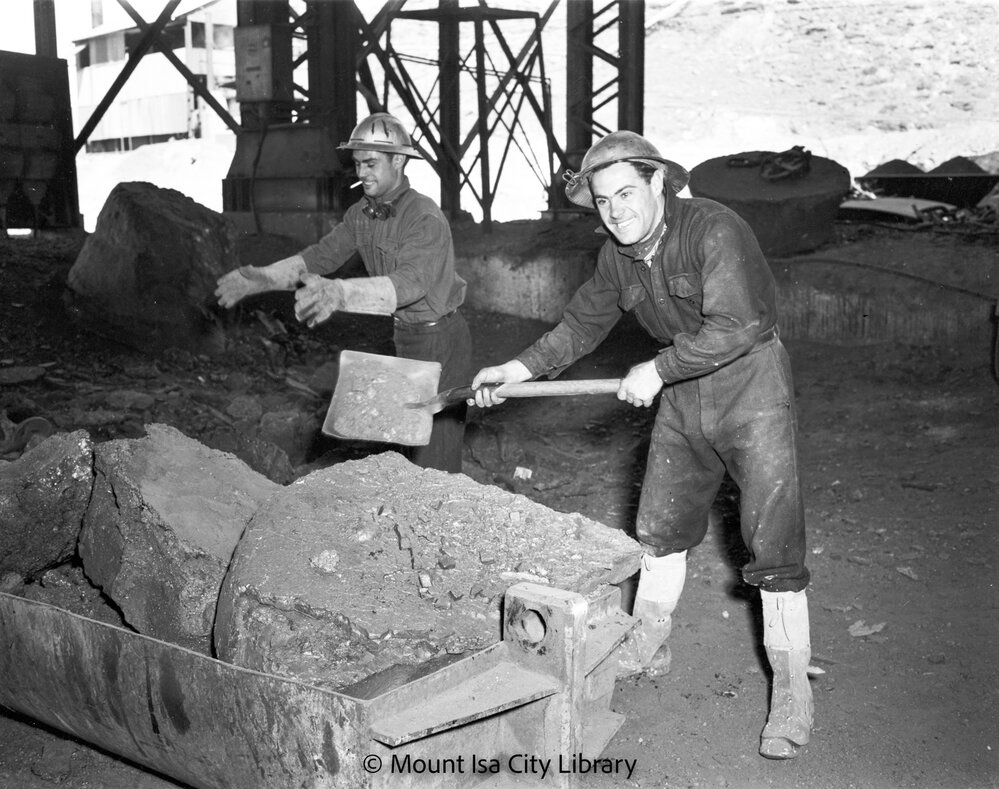 Picking up slag at Copper Smelter, Mount Isa Mines, c.1956