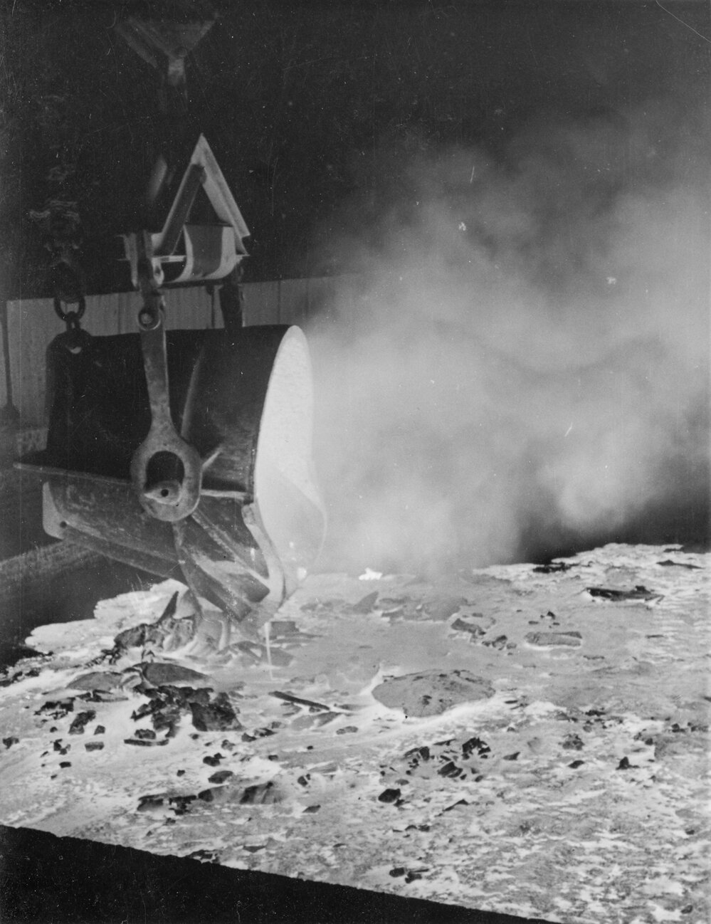 Copper Smelter pouring slag foundations old Reverbatory Furnace, Mount Isa Mines, c.1950