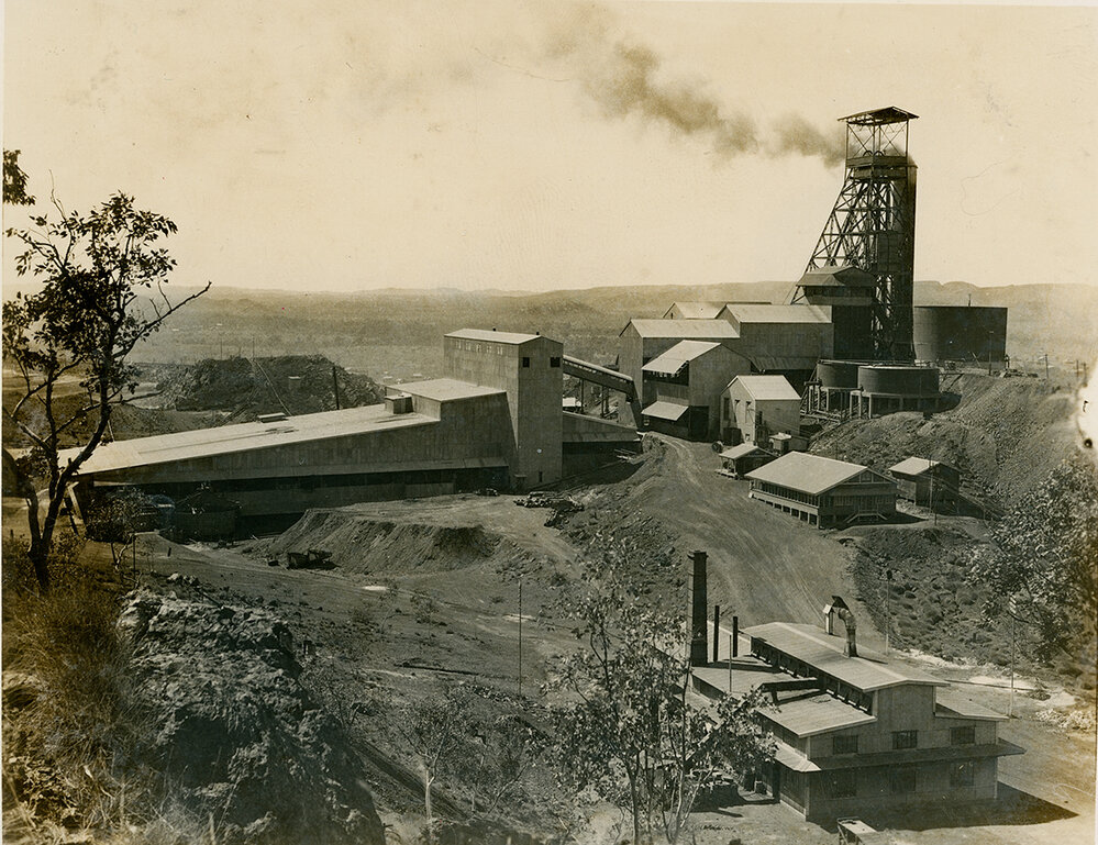 Assay Labratory mill crushers and Urquhart Shaft headframe looking north, c.1940s