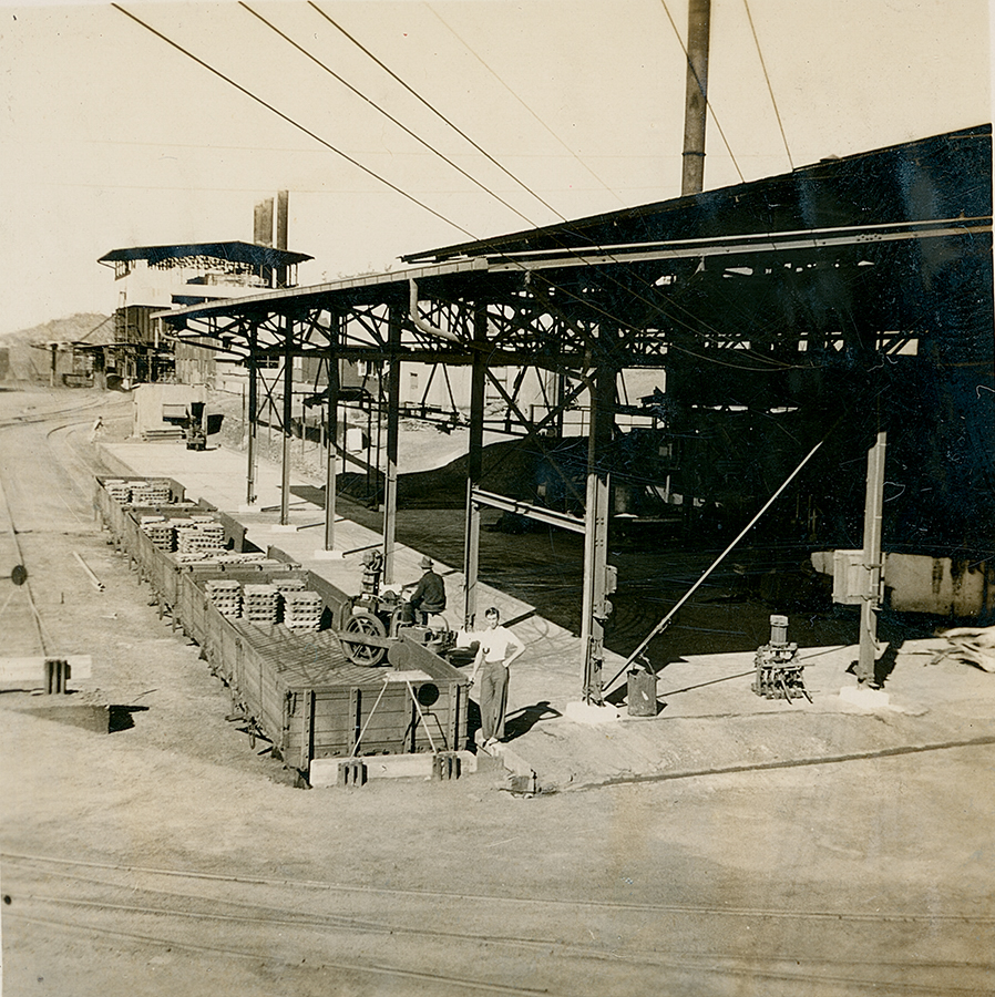 Looking down to loading train with lead ingots, Lead Smelter