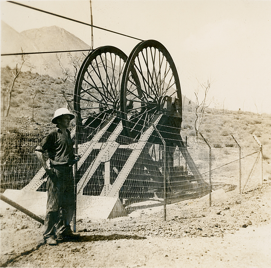 Man at sheave wheels No 2 Ore Shaft 