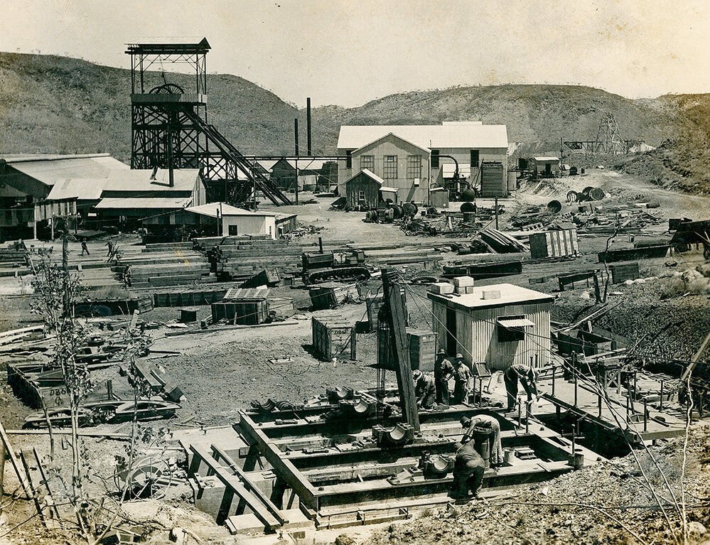 Working on winder foundations for borehole ropeway, Winder for No 2 Ore Shaft, Mount Isa Mines, c.1937