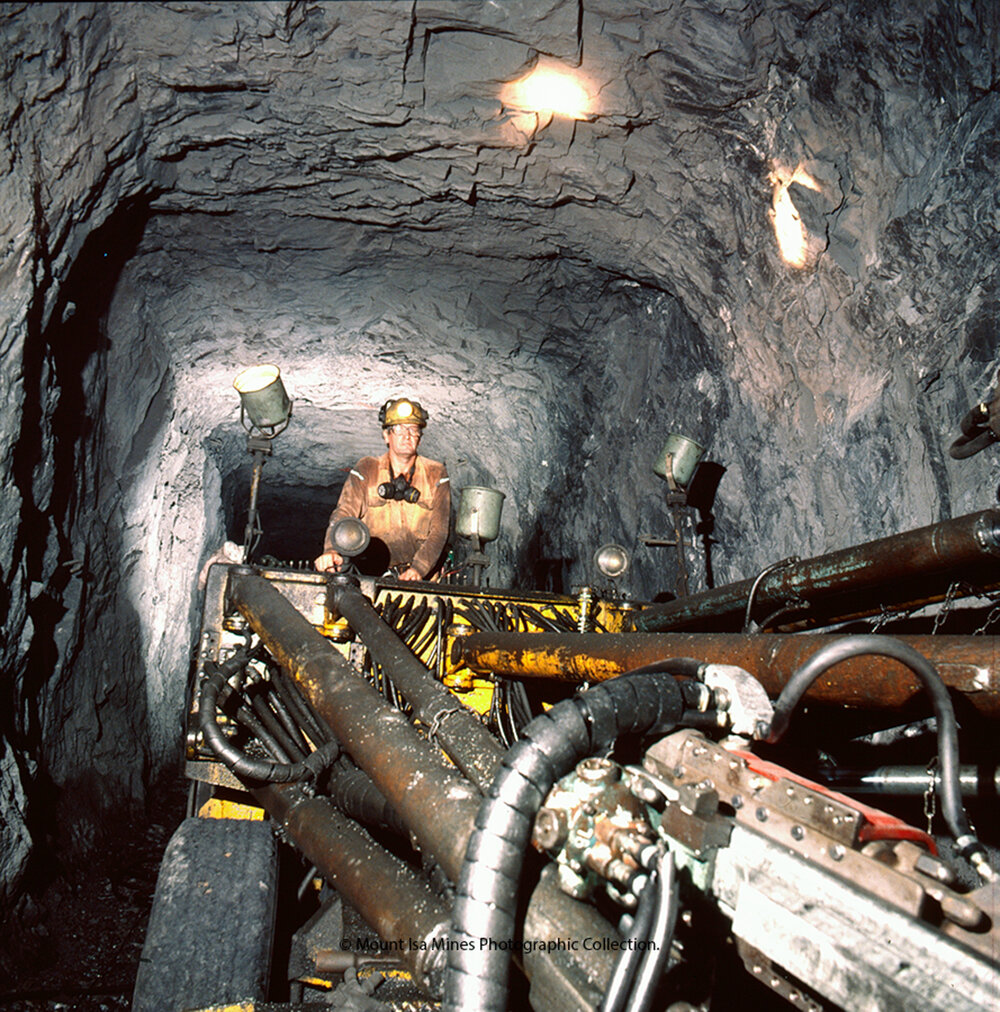 Gardner Denver 3 Boom Jumbo Drill Rig in lead mine, Mount Isa Mines, May 1989