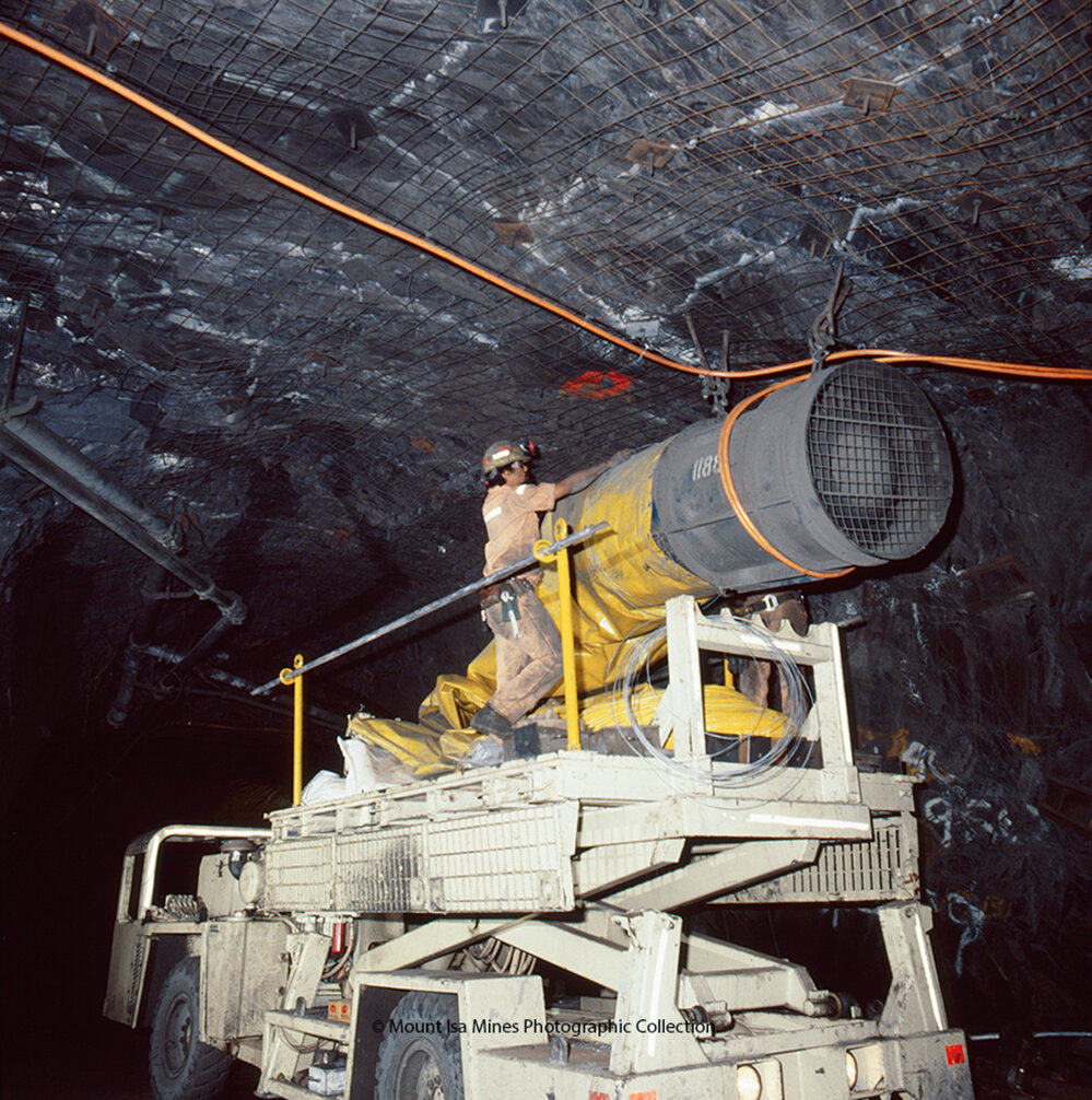 Getman work platform in lead mine, Mount Isa Mines, July 1989