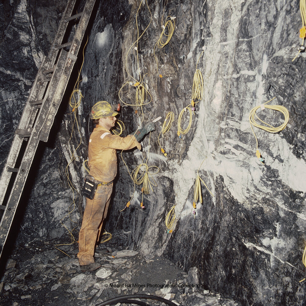 Charging a face in lead mine, Mount Isa Mines, December 1989