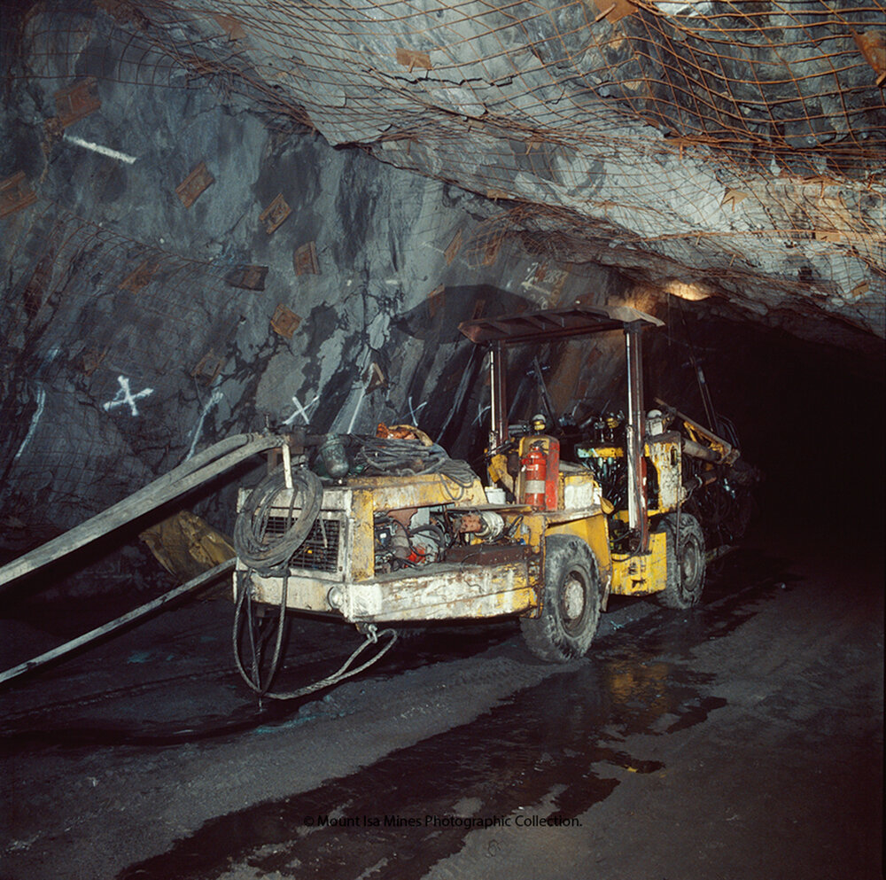 Installing steel mesh ground support in lead mine, Mount Isa Mines, December 1989