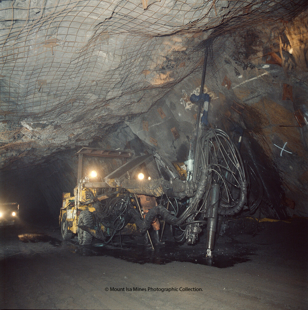 Production drill in lead mine, Mount Isa Mines, December 1989