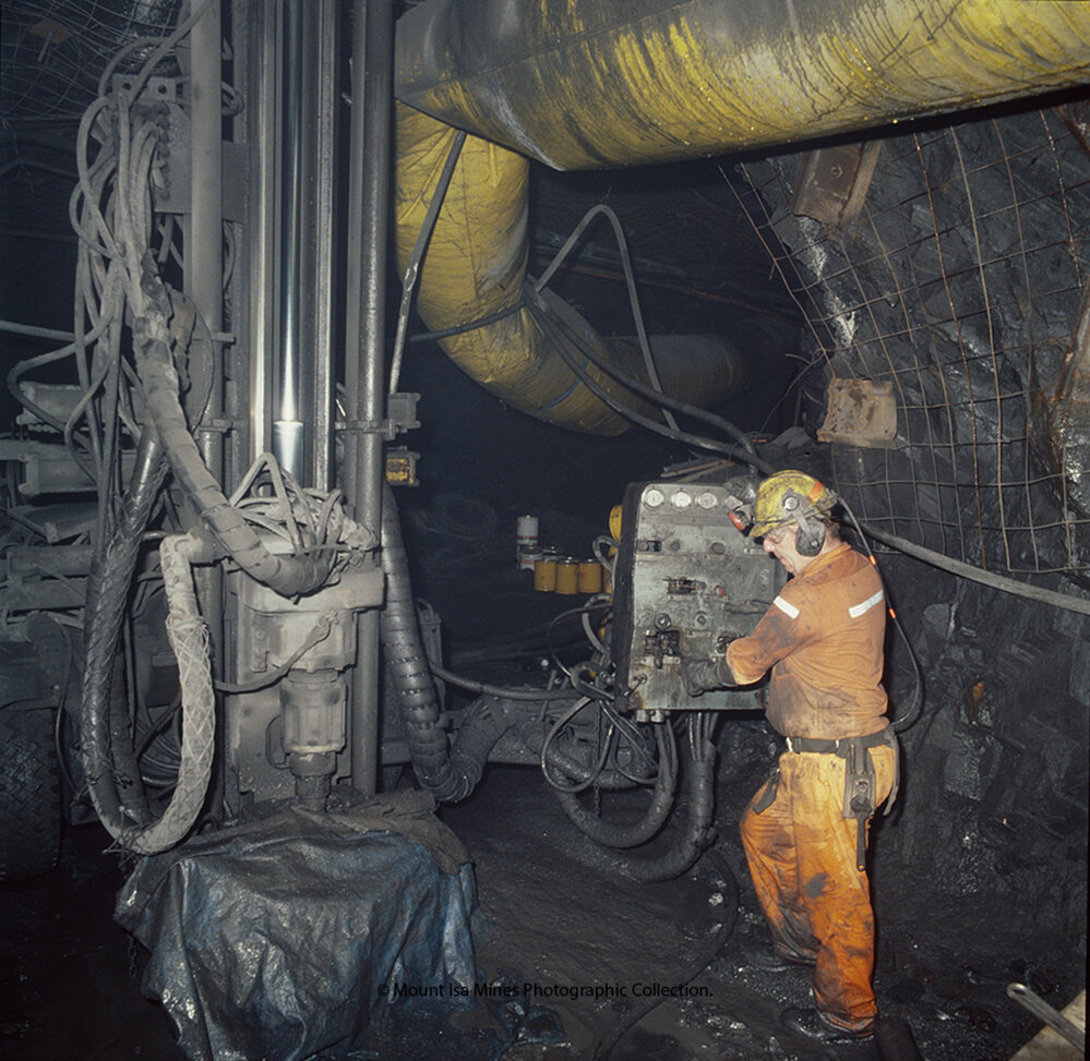Production driller with Promac drill in lead mine, Mount Isa Mines, December 1989