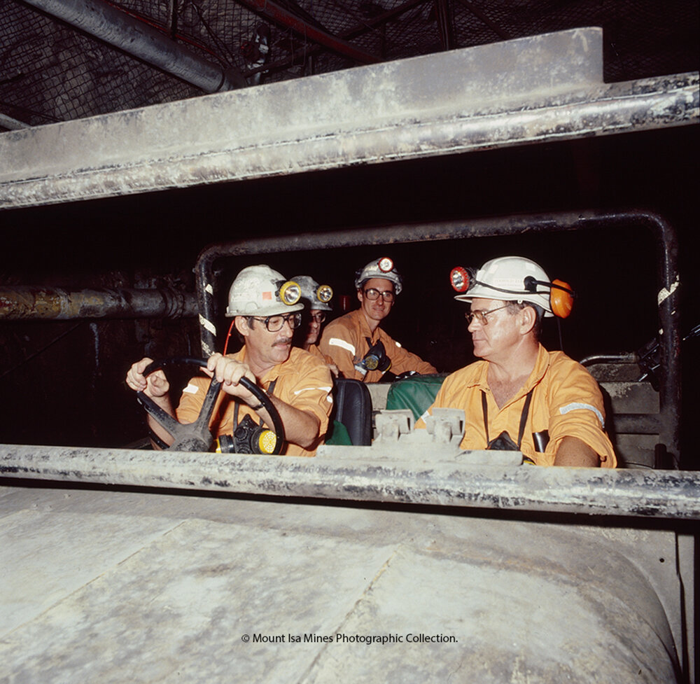 Underground workers in lead mine, Mount Isa Mines, December 1989