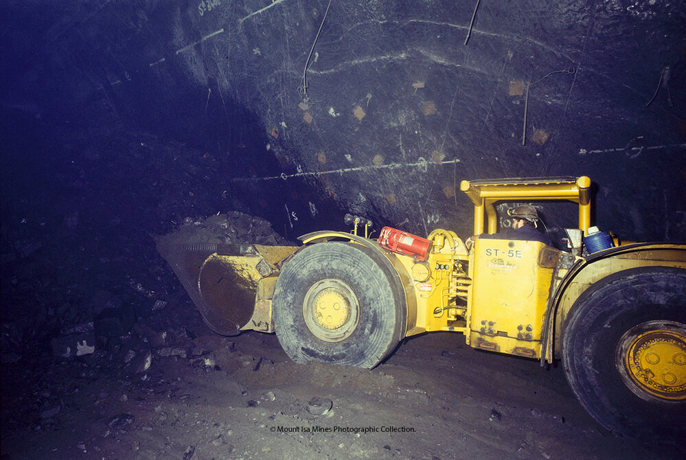 Wagner ST-5E mucking loader mucking ores in lead mine, Mount Isa Mines, December 1984