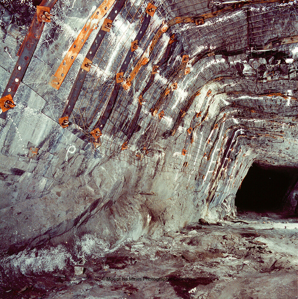 Hanging wall strapping and mesh ground support in lead mine, Mount Isa Mines, c.1980s